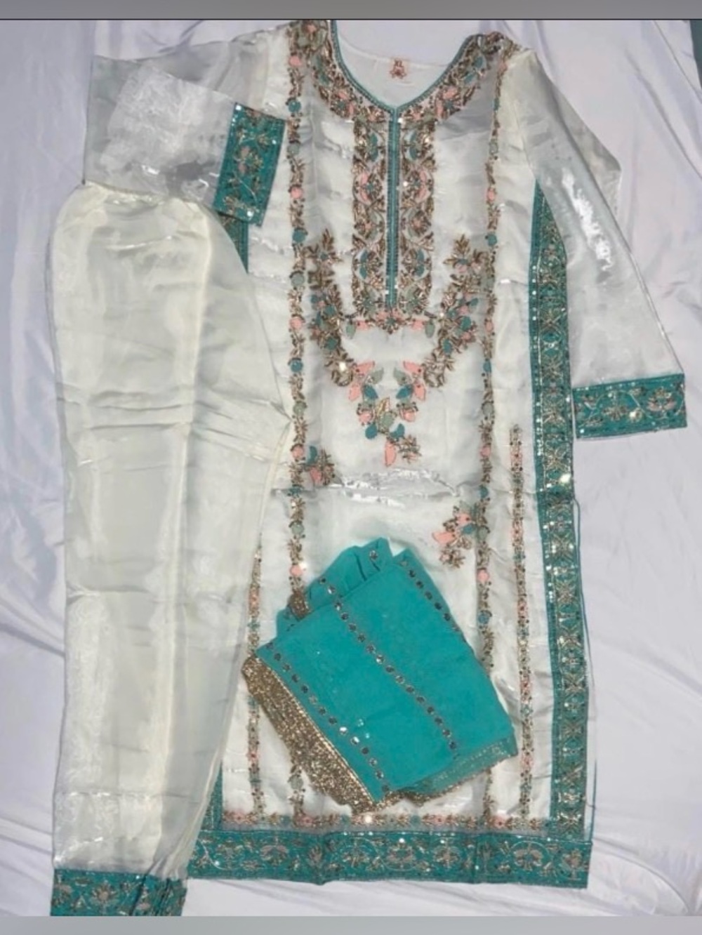 White Embroidered Silk Mix Suit Set - Picture 7 of 7